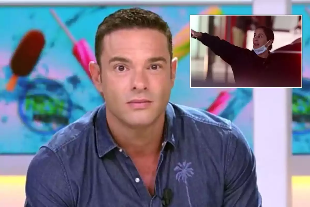 Un hombre con camisa de mezclilla aparece en un estudio de televisión con un fondo colorido que incluye paletas de helado, en la esquina superior derecha hay una imagen más pequeña de una persona con mascarilla bajada señalando algo.