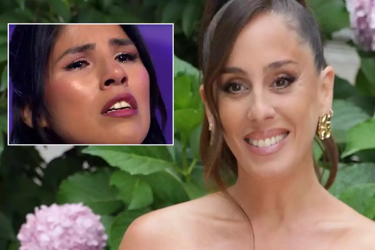 Una mujer sonriente con aretes dorados y cabello recogido, con un recuadro que muestra a otra mujer con expresión emocional, todo en un entorno con hojas verdes y flores.