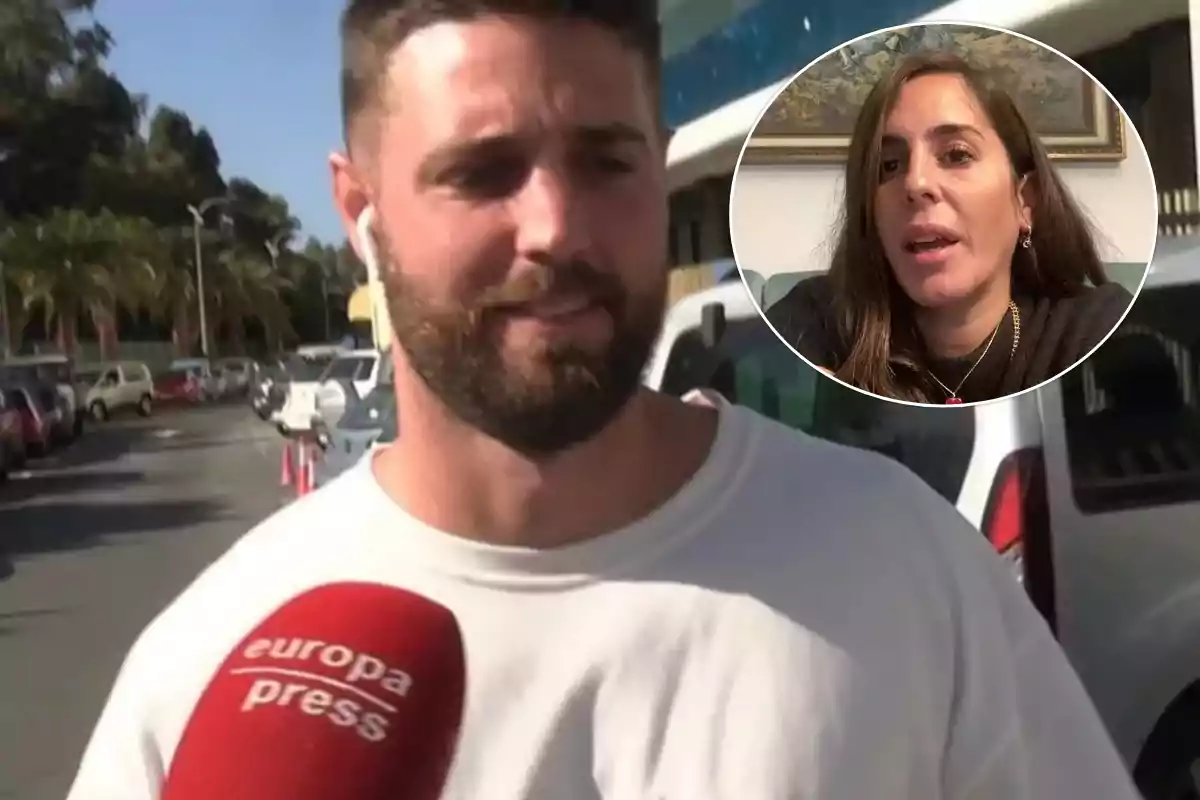 Un hombre con barba y camiseta blanca es entrevistado por un micrófono de Europa Press mientras lleva auriculares, con una imagen insertada de una mujer en un círculo en la esquina superior derecha.