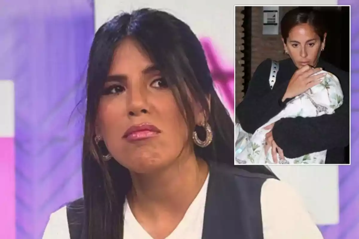 Una mujer con expresión seria en un programa de televisión, con una imagen insertada de otra mujer sosteniendo a un bebé envuelto en una manta.