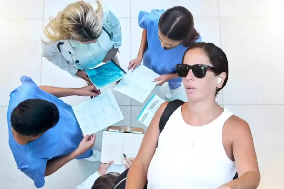 Un grupo de profesionales de la salud revisa documentos mientras una persona con gafas de sol y auriculares pasa cerca de ellos.