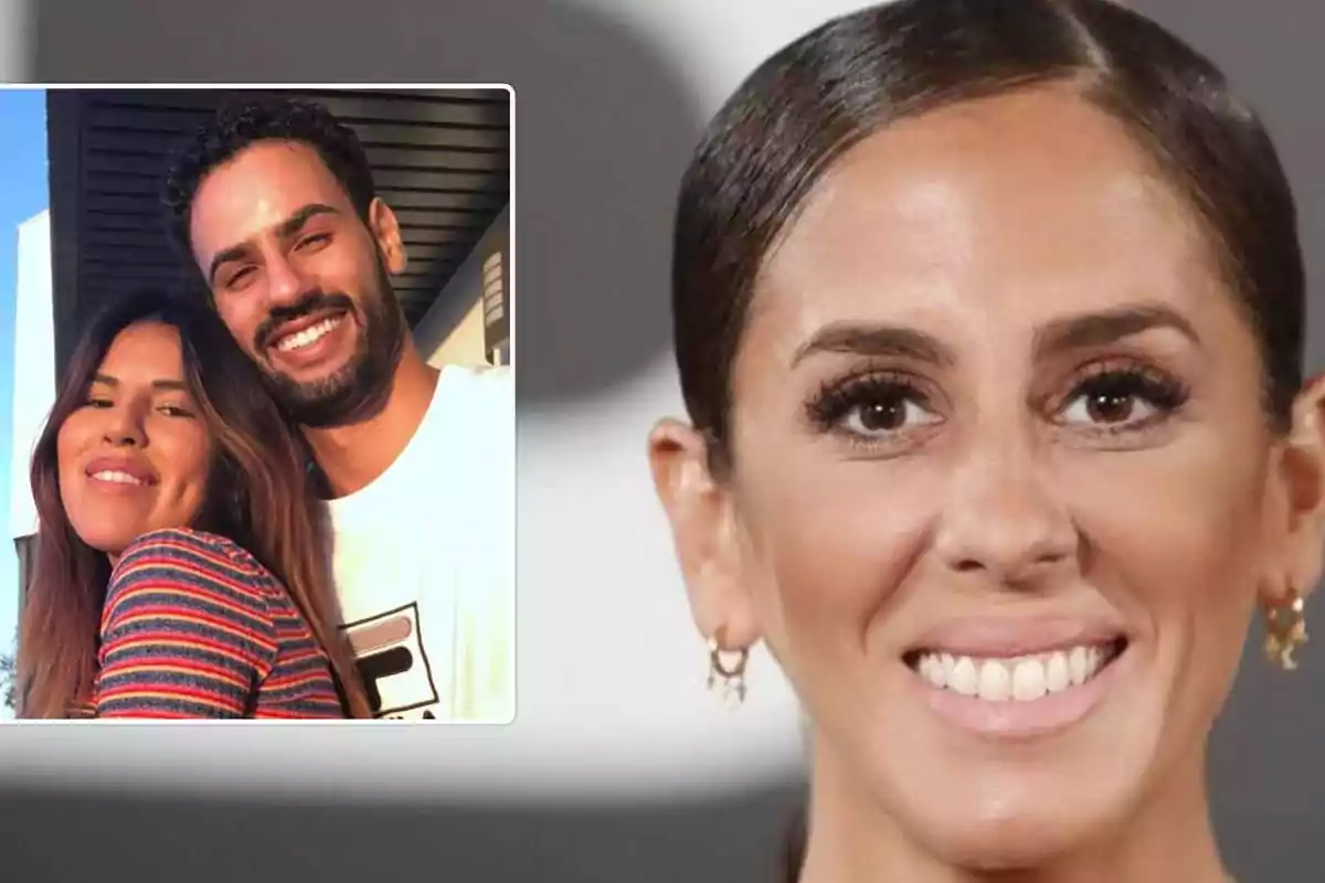 Una mujer sonriente en primer plano con una imagen insertada de una pareja sonriendo al fondo.