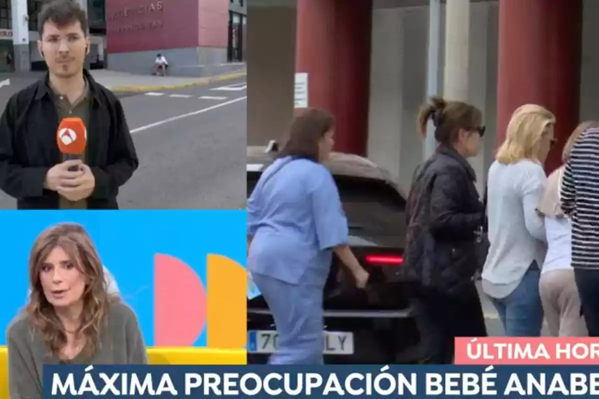 Un reportero de televisión informa desde el exterior de un hospital mientras un grupo de personas entra al edificio; en la parte inferior, una presentadora de noticias aparece en un estudio con un gráfico que indica una noticia de última hora sobre la preocupación por un bebé llamado Anabel.