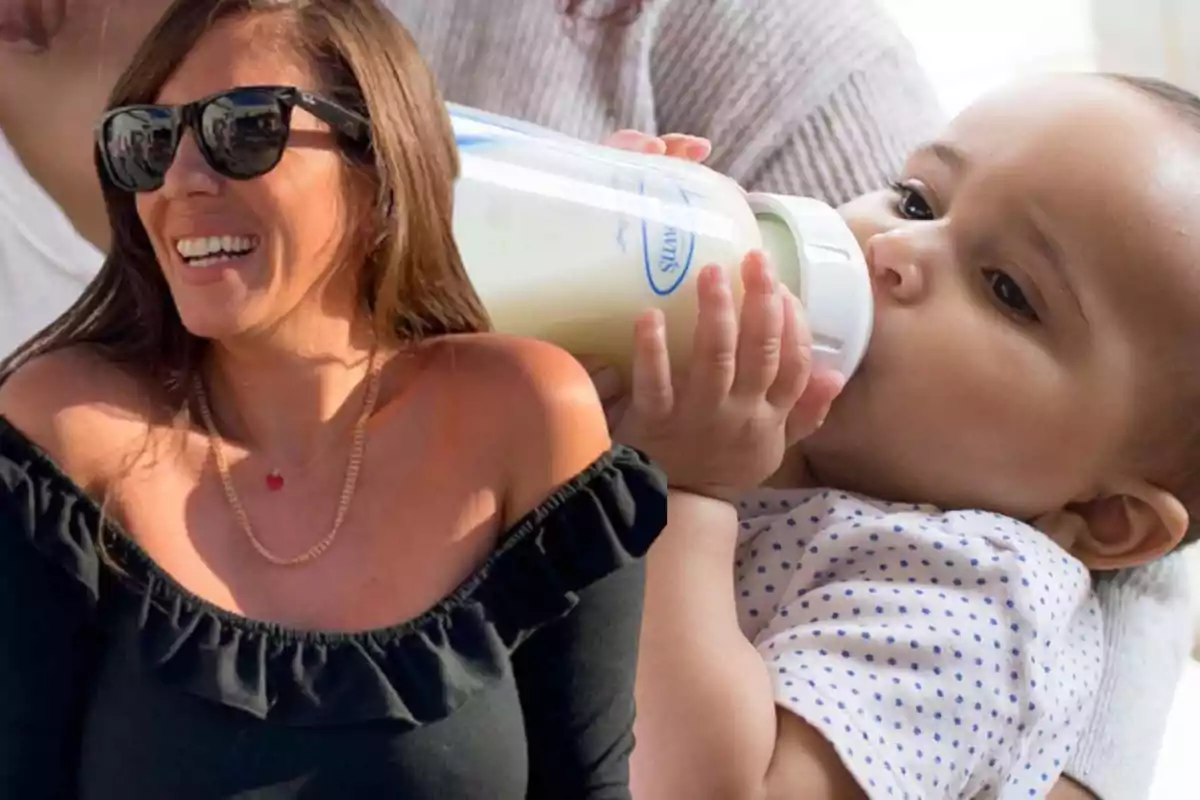 Una mujer sonriente con gafas de sol y un bebé bebiendo de un biberón.