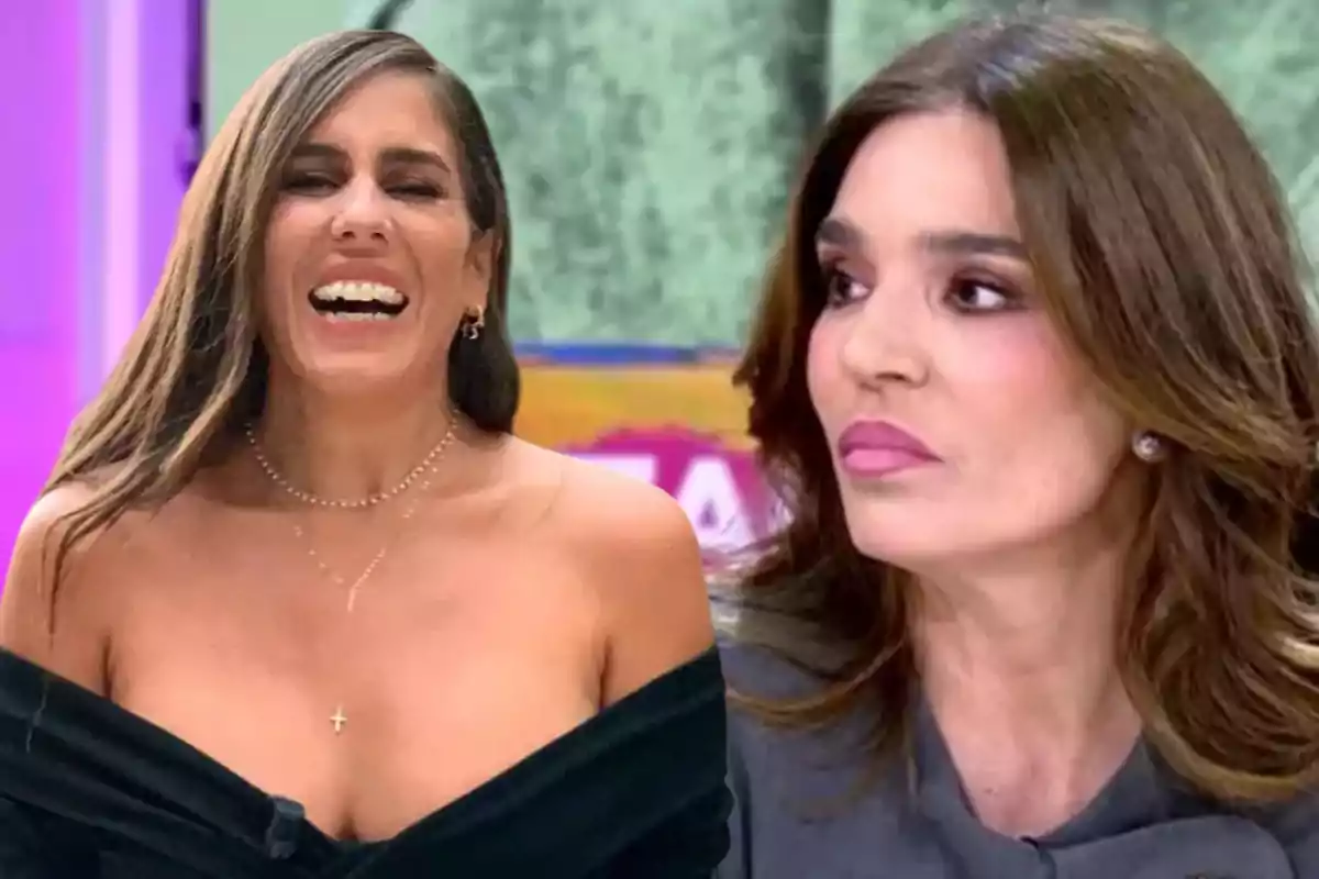 Dos mujeres en un programa de televisión, una riendo y la otra mirando hacia un lado.