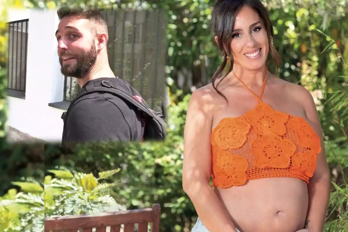 Anabel Pantoja vestida con un top naranja embarazada y su novio al lado en una imagen