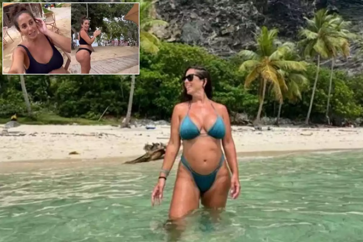 Mujer en bikini disfrutando de la playa con un fondo de palmeras y vegetación tropical.