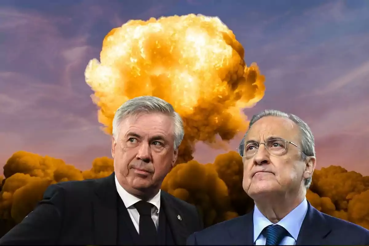 Florentino Pérez y Ancelotti con una explosión detrás
