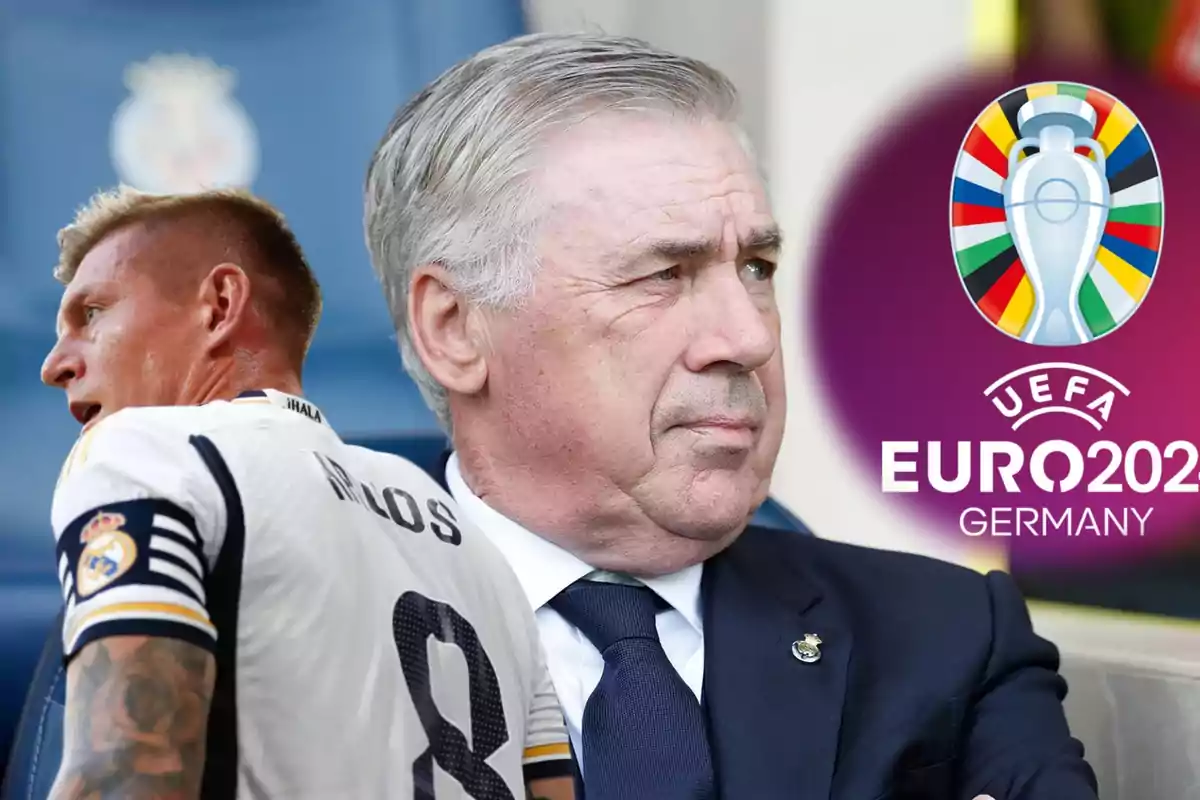 Un jugador de fútbol y un entrenador con el logo de la UEFA Euro 2024 en Alemania.