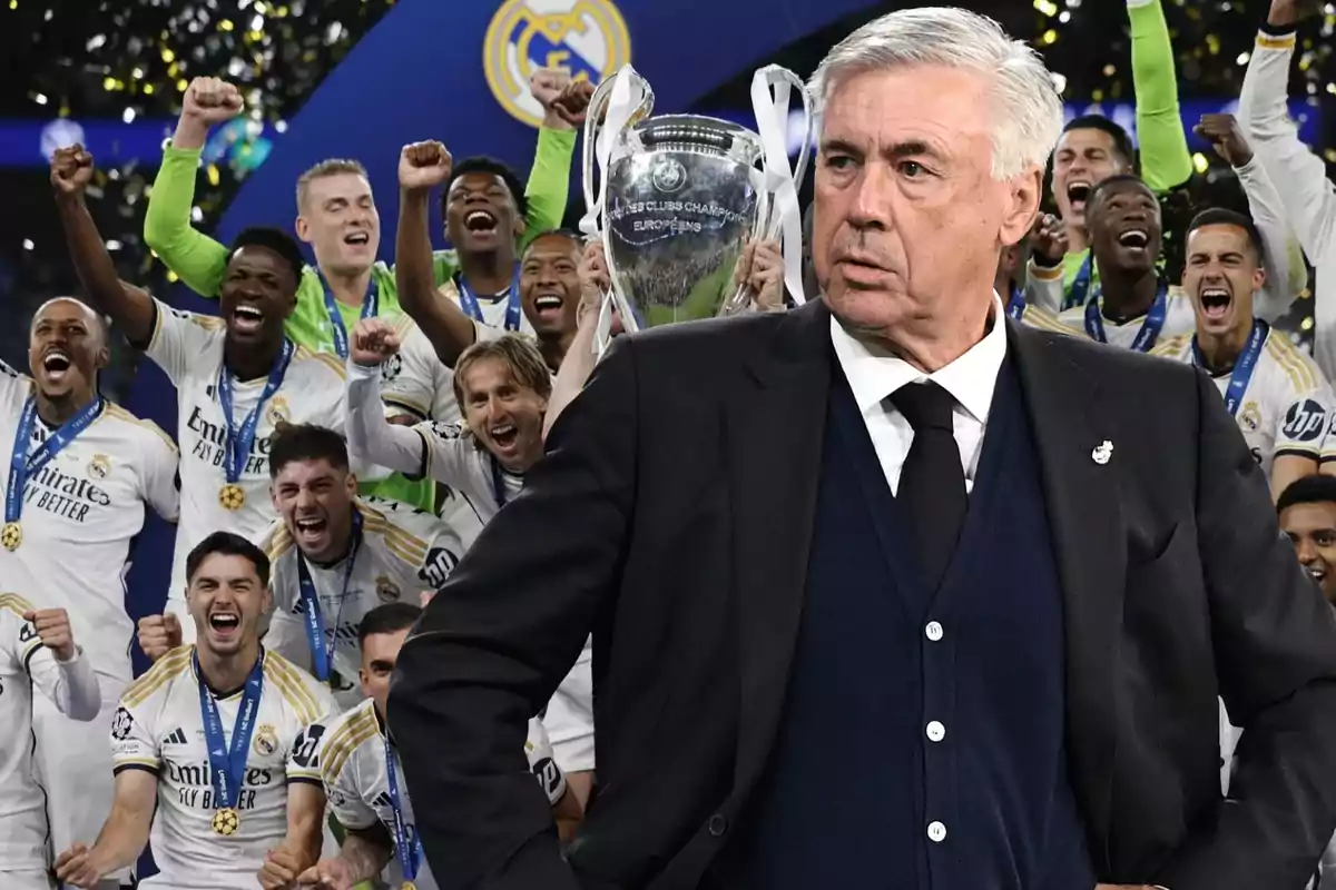 Entrenador y jugadores del Real Madrid celebrando con el trofeo de la UEFA Champions League.