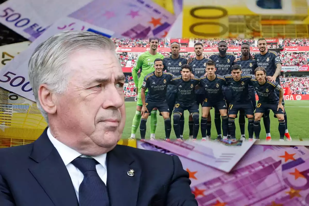 Un hombre de traje aparece en primer plano con una expresión seria, mientras que en el fondo se ve a un equipo de fútbol posando para una foto grupal, todo esto sobre un fondo de billetes de euro.