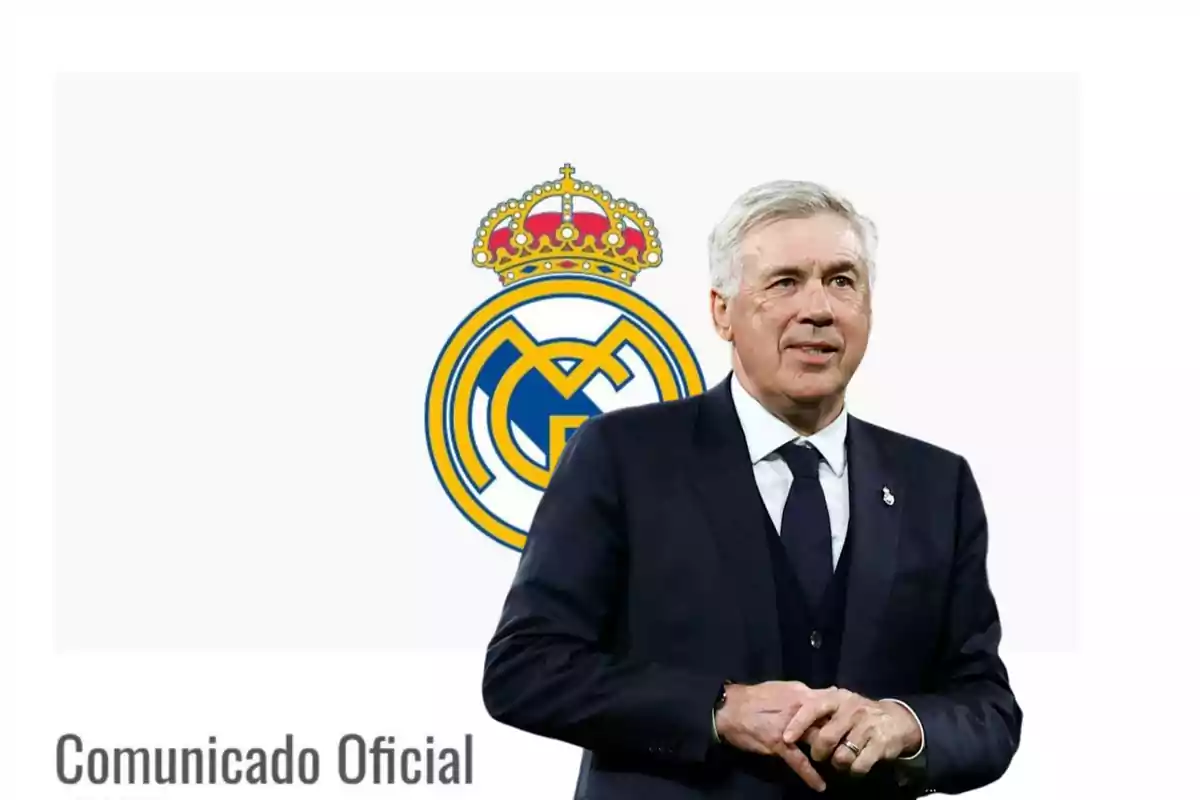 Hombre de traje frente al escudo del Real Madrid con el texto "Comunicado Oficial".