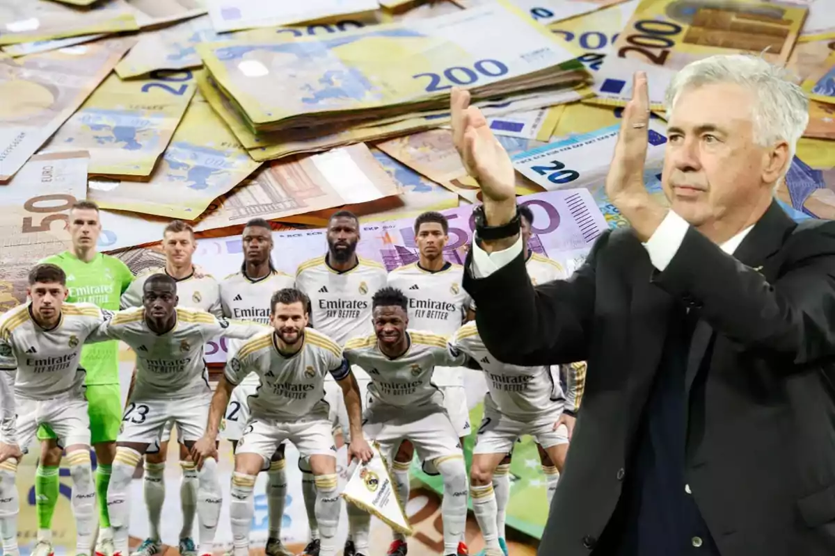 Un equipo de fútbol posando frente a una gran cantidad de billetes de euro, con un entrenador aplaudiendo en primer plano.