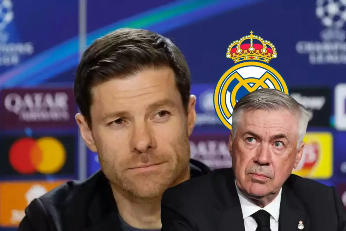 Dos hombres en una conferencia de prensa con el logo del Real Madrid al fondo.