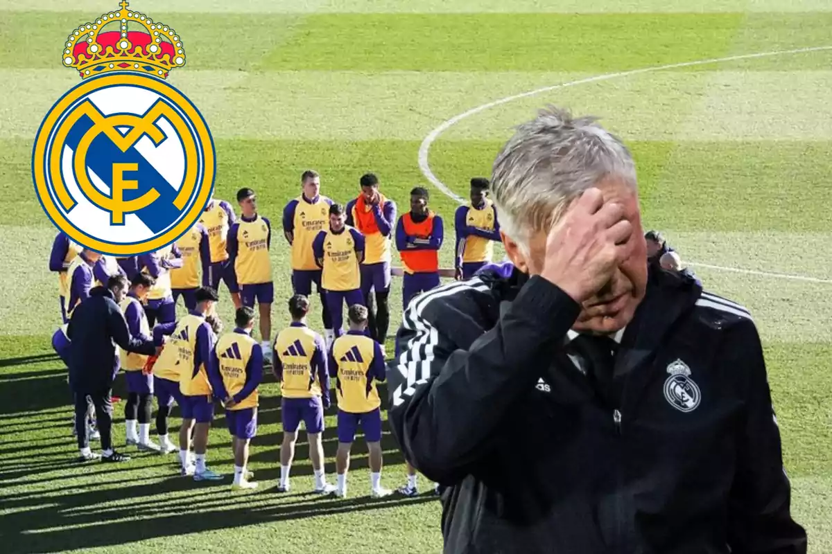 Un grupo de jugadores del Real Madrid en el campo de entrenamiento con un entrenador al frente que parece preocupado.