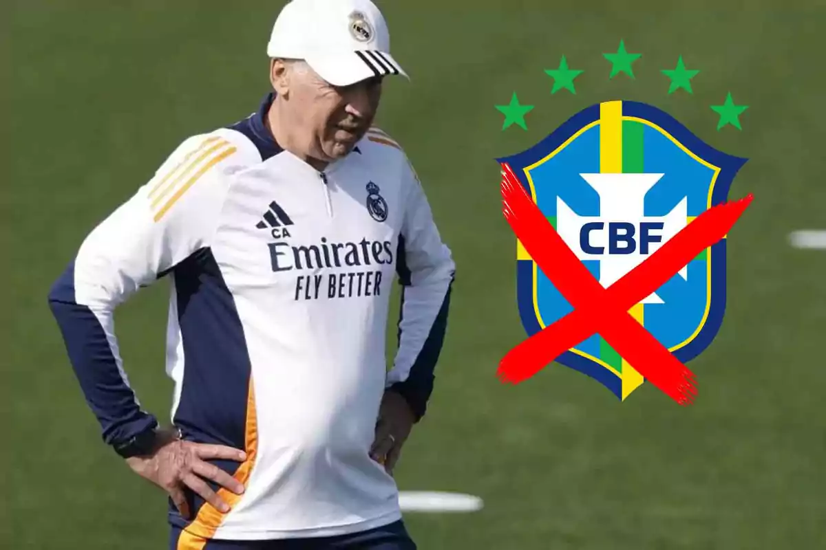 Un entrenador de fútbol con ropa del Real Madrid está en el campo, junto a un escudo de la CBF tachado con una X roja.