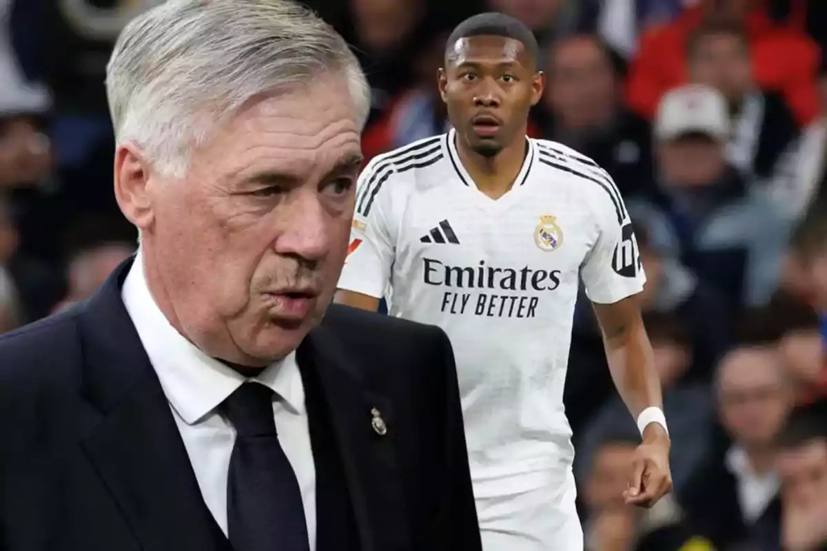 Un hombre de traje en primer plano y un jugador de fútbol con uniforme blanco del Real Madrid en el fondo.