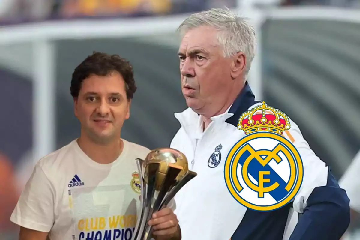 Dos hombres con ropa del Real Madrid, uno de ellos sosteniendo un trofeo y el otro con una expresión seria, junto al escudo del equipo.