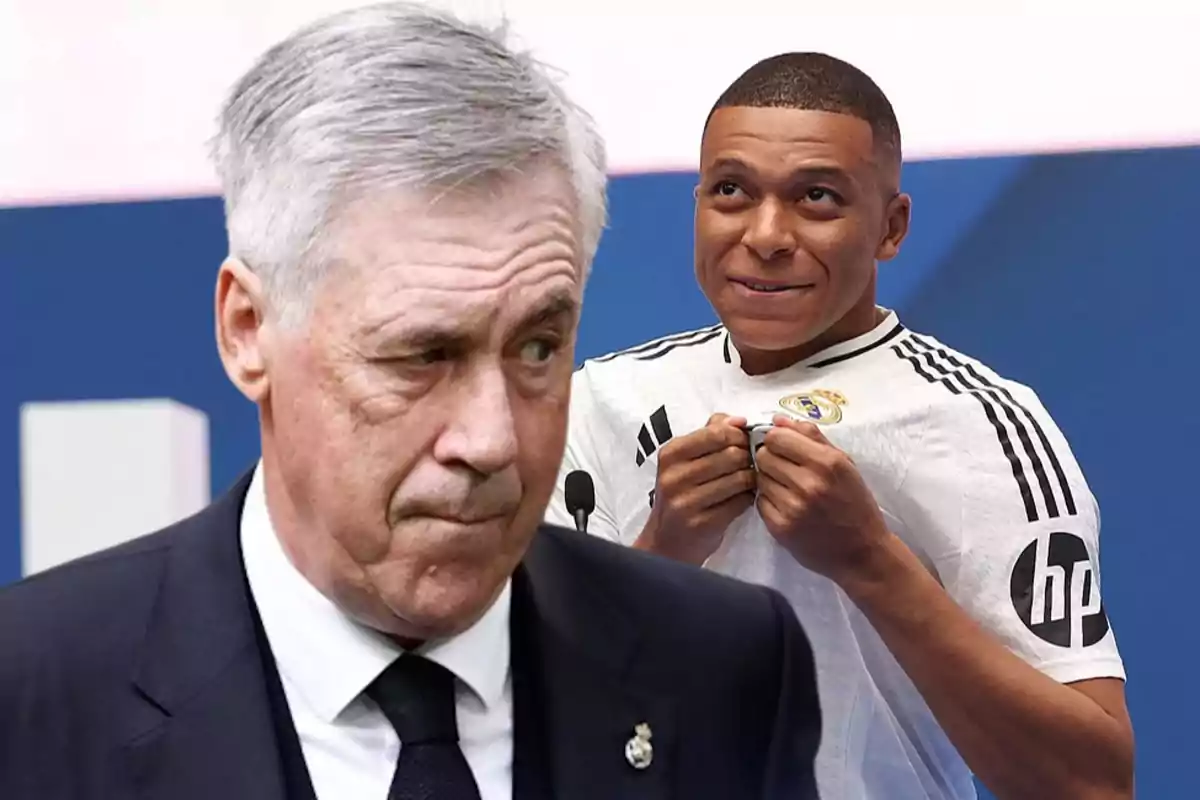 Ancelotti frente a Mbappé en su presentación