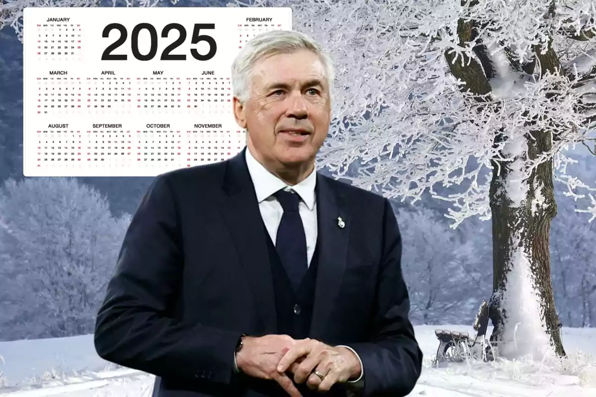 Un hombre de traje frente a un calendario del año 2025 con un paisaje nevado de fondo.