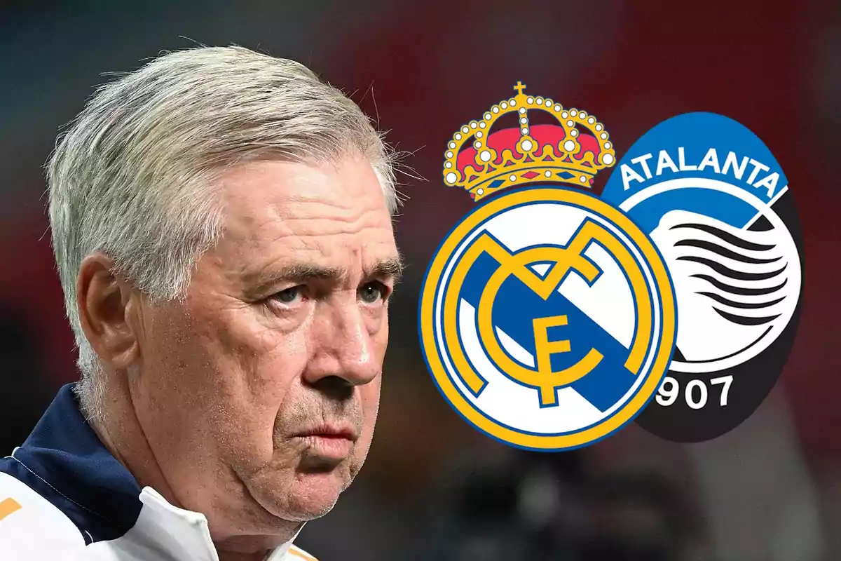 Ancelotti, con los logotipos del Real Madrid y Atalanta al fondo.