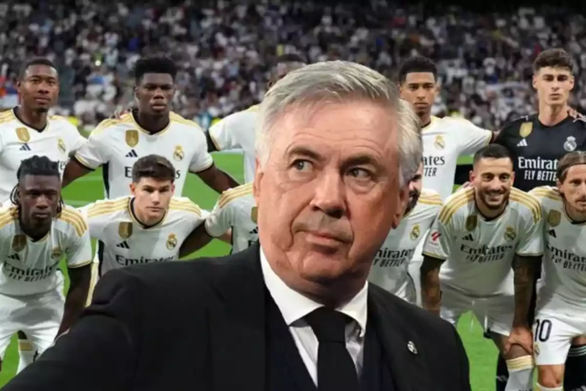 Ancelotti con once Real Madrid de fondo