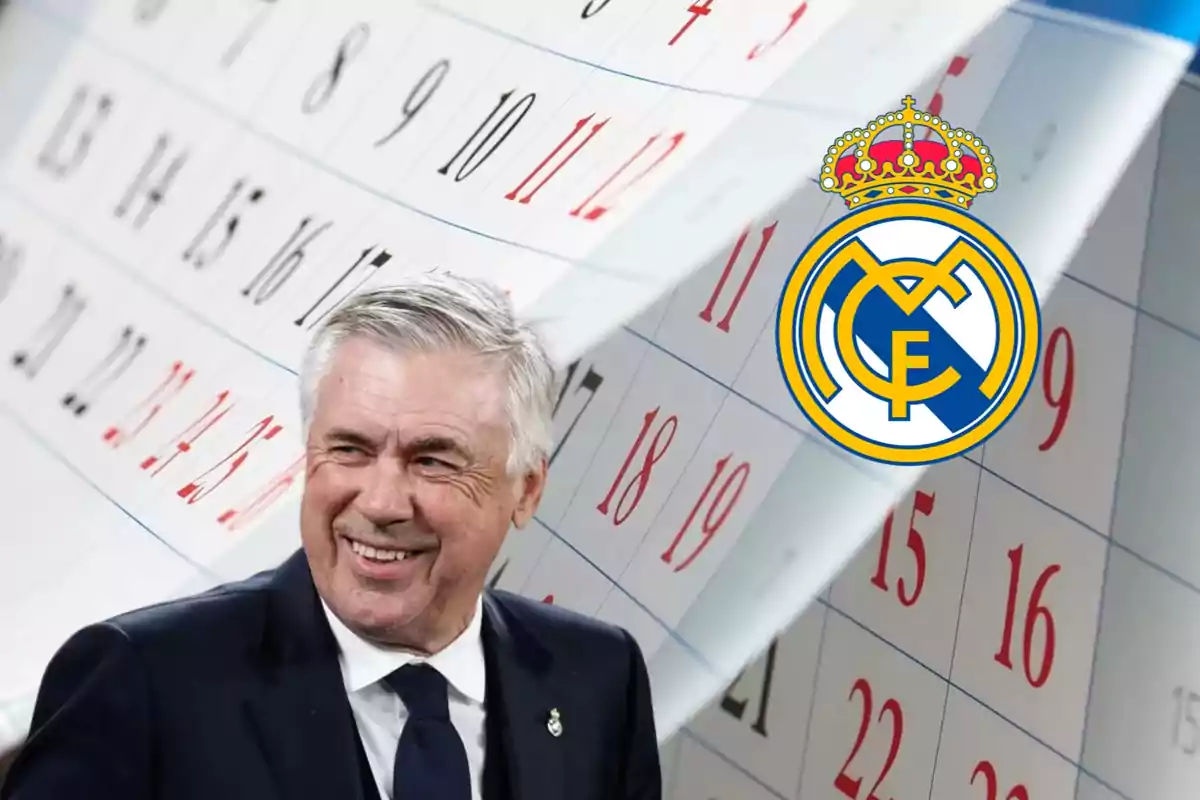 Un hombre sonriente con un calendario de fondo y el escudo del Real Madrid.