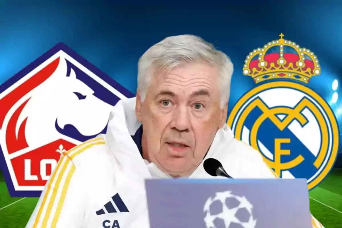 Un entrenador de fútbol en una conferencia de prensa con los logotipos del Lille OSC y del Real Madrid de fondo.