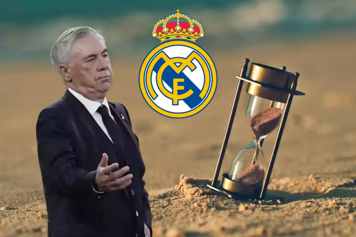 Un hombre de traje en la playa junto a un reloj de arena y el escudo del Real Madrid.