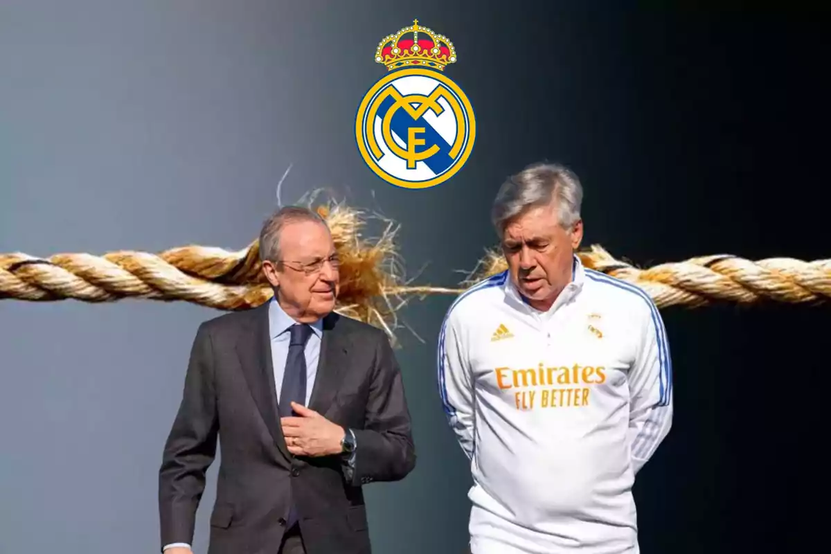 Dos hombres conversando con el logo del Real Madrid y una cuerda tensa de fondo.