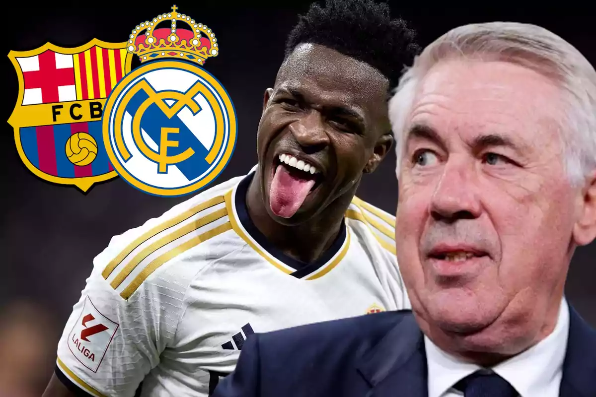 Ancelotti, Vinicius y escudos Barça y Real Madrid