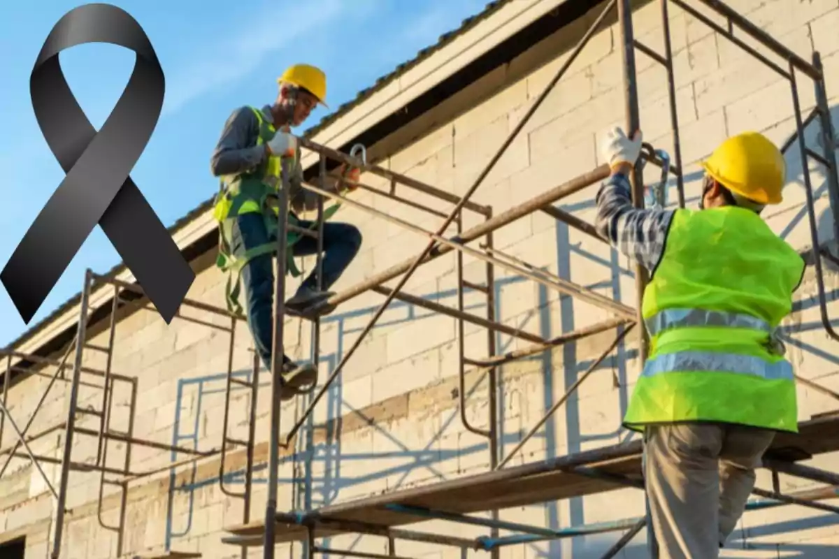 Trabajadores de la construcción en andamios con un lazo negro en señal de luto.