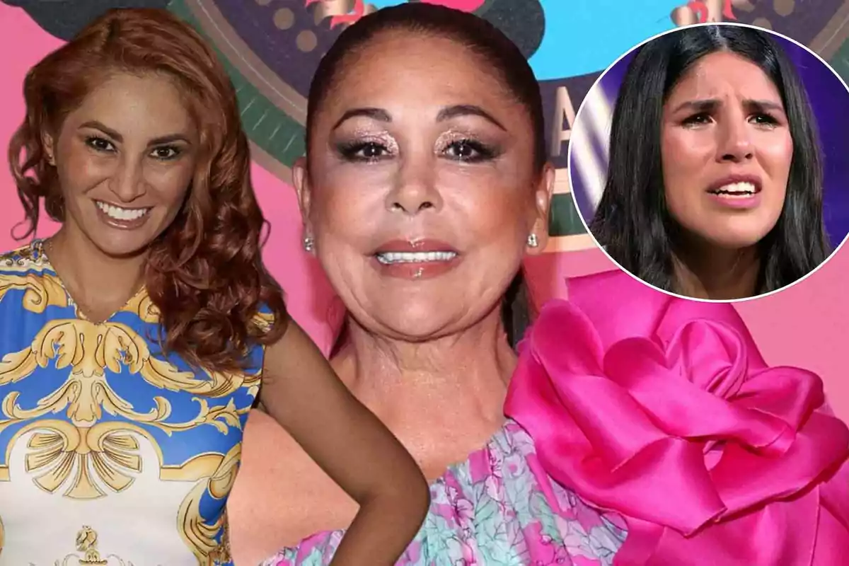 Tres mujeres posan en un collage colorido, una de ellas con un vestido azul y dorado, otra con un vestido floral y una gran flor rosa, y la tercera en un recuadro circular con expresión seria.