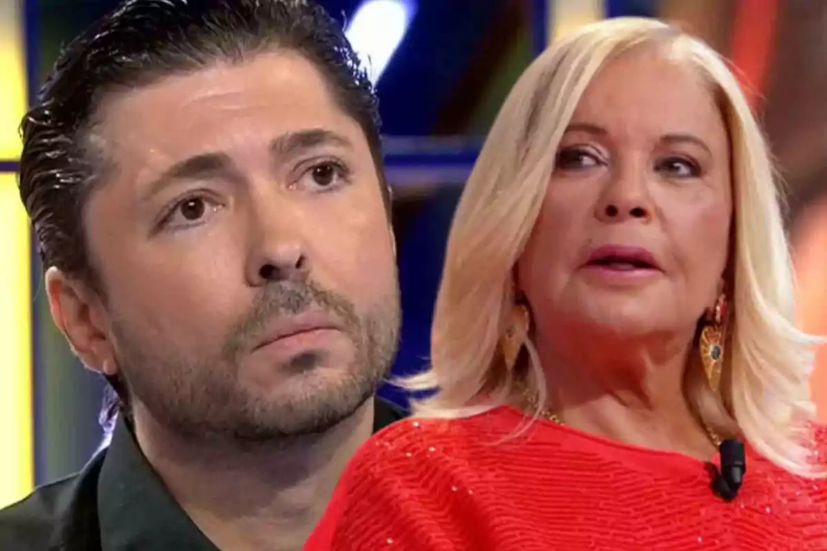 Dos personas en un programa de televisión, una mujer rubia con un vestido rojo y un hombre con barba y cabello oscuro.