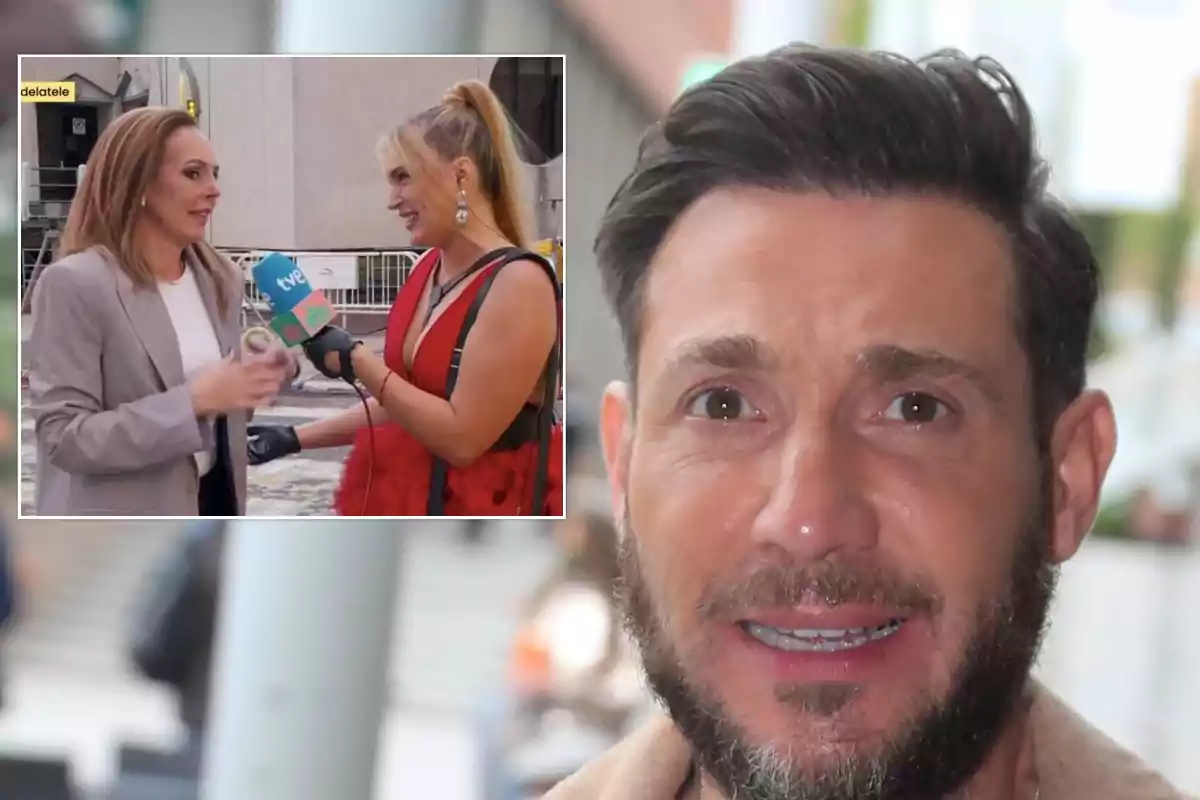 Un hombre con barba aparece en primer plano mientras en un recuadro se observa a dos mujeres conversando, una de ellas sostiene un micrófono de televisión.