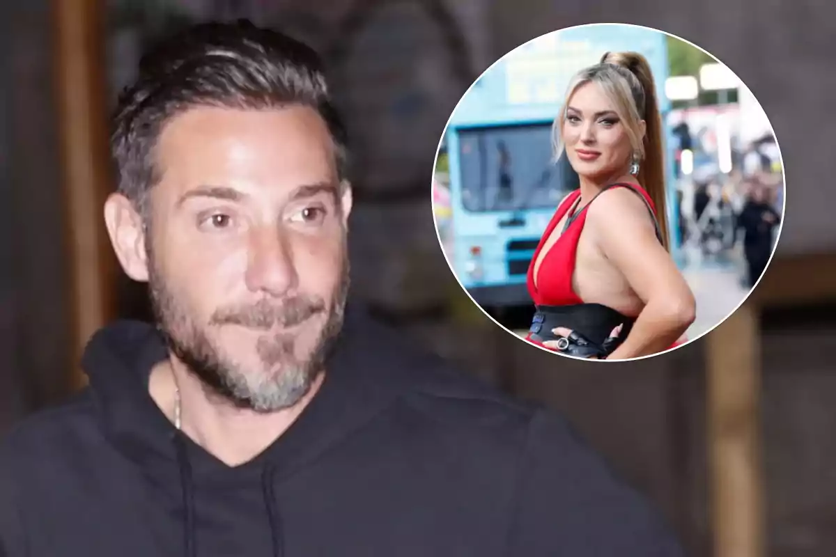 Un hombre con barba y sudadera oscura aparece en primer plano mientras una mujer rubia con vestido rojo se muestra en un recuadro circular en el fondo.