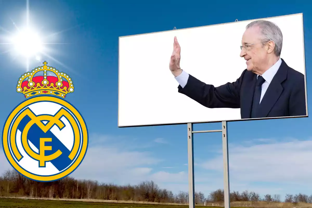 Un hombre mayor en un cartel publicitario junto al escudo del Real Madrid bajo un cielo despejado.