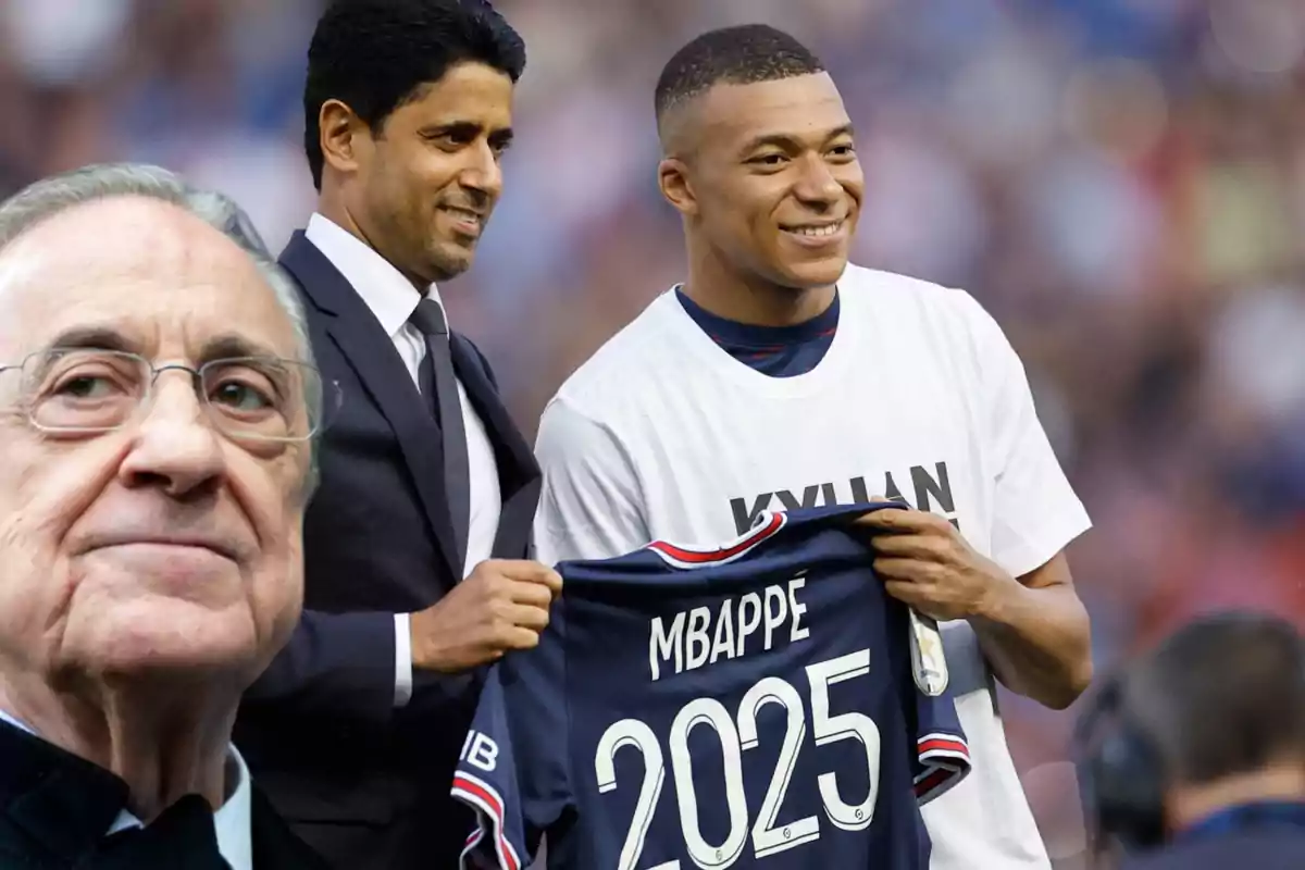 La cara de Florentino Pérez con rostro serio y detrás la foto de Kylian Mbappé y Nasser Al-Khelaifi sujetando la camiseta del PSG de su renovación hasta 2025