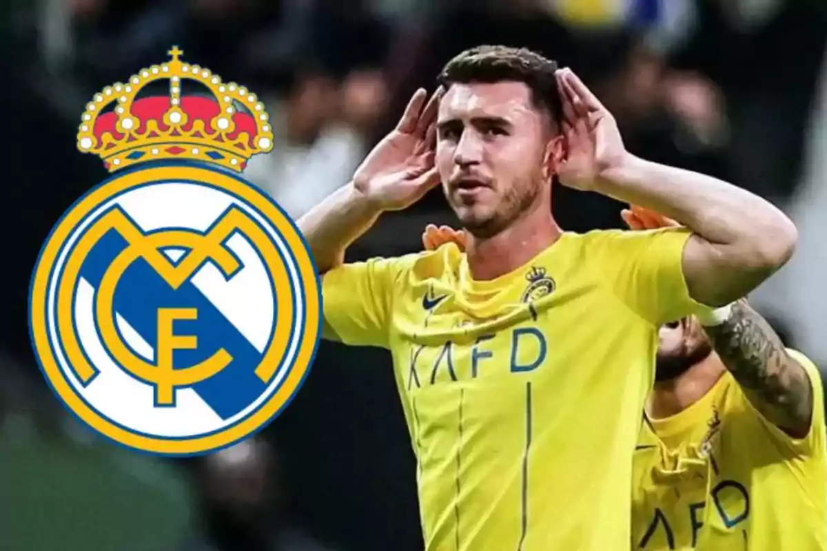 Laporte, con el escudo del Real Madrid a la izquierda.