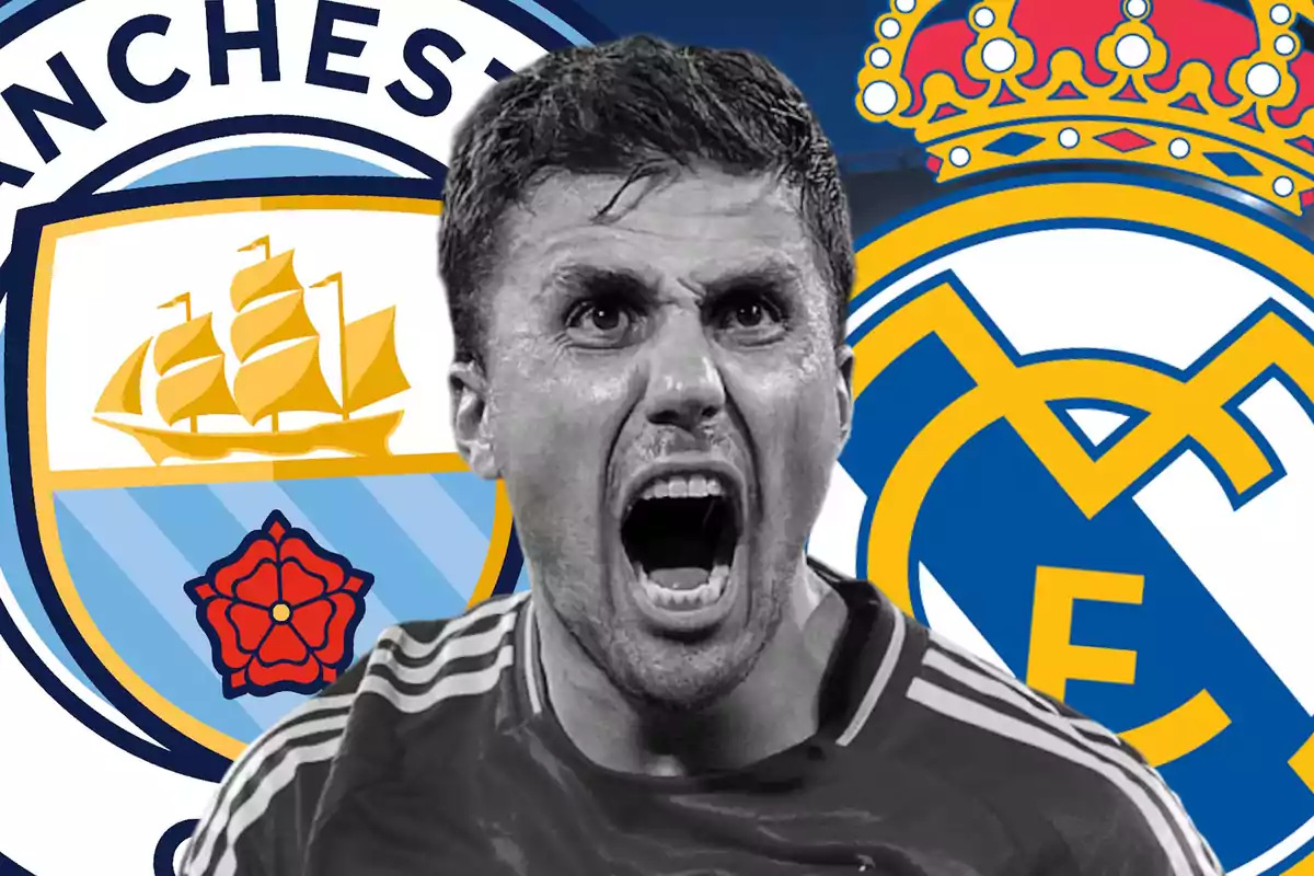 Rodri gritando con los escudos de Manchester City y Real Madrid de fondo.