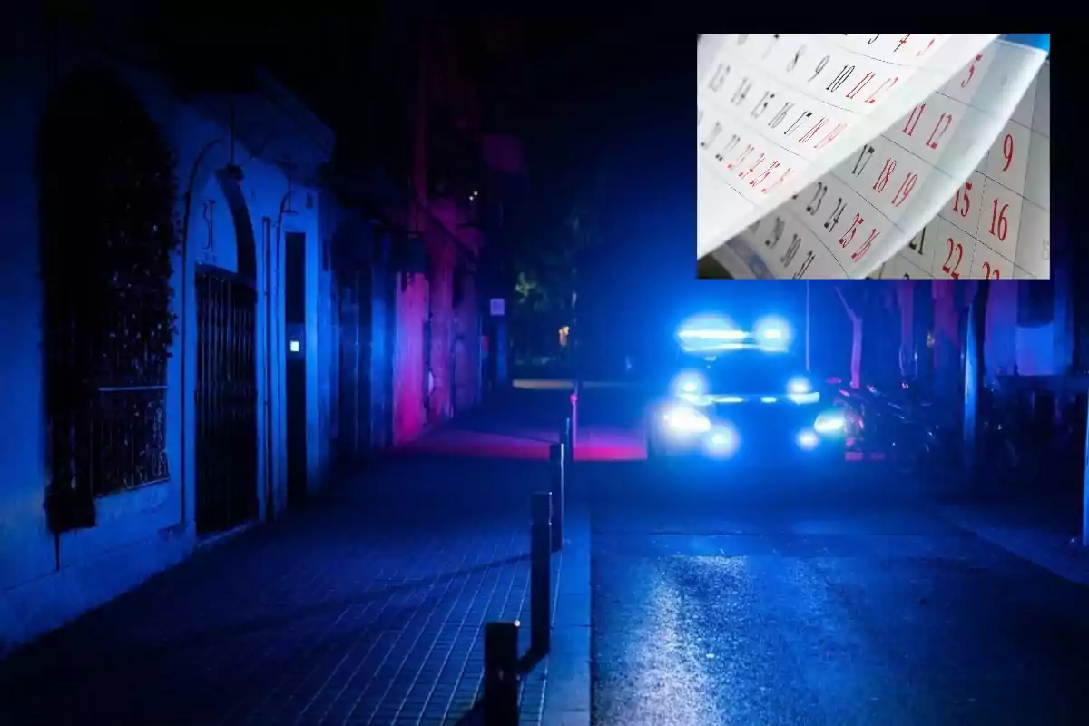 Una calle oscura iluminada por las luces de un coche de policía con un calendario superpuesto en la esquina superior derecha.