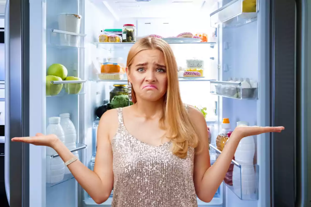 Una mujer con expresión de confusión o frustración está de pie frente a un refrigerador abierto lleno de alimentos.