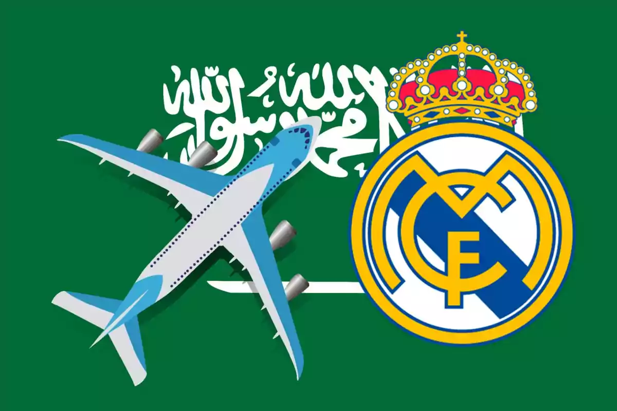 Un avión azul y blanco sobre la bandera de Arabia Saudita y el escudo del Real Madrid.