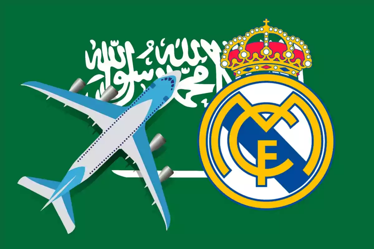 Avión sobre la bandera de Arabia Saudita y el escudo del Real Madrid.