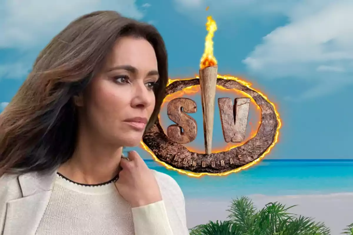 Mujer de cabello oscuro con fondo de playa y logo de un programa de supervivencia.