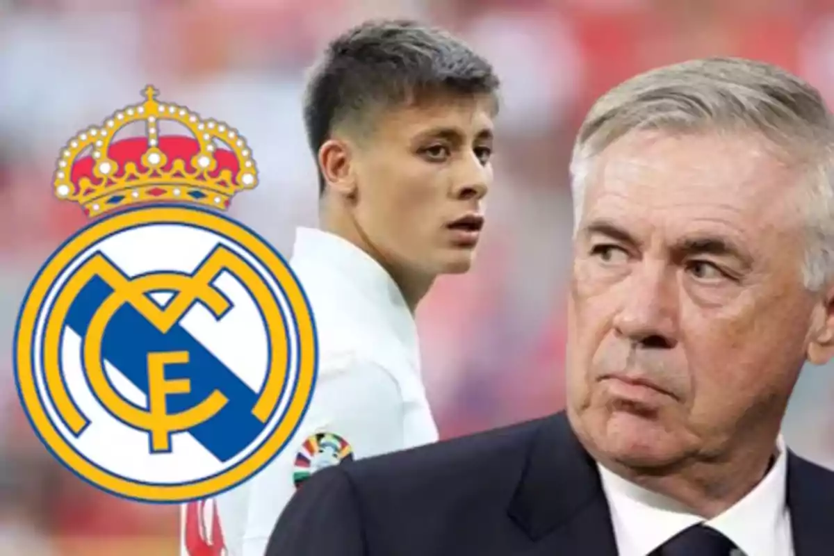 Arda Güler, Carlo Ancelotti y escudo del Real Madrid