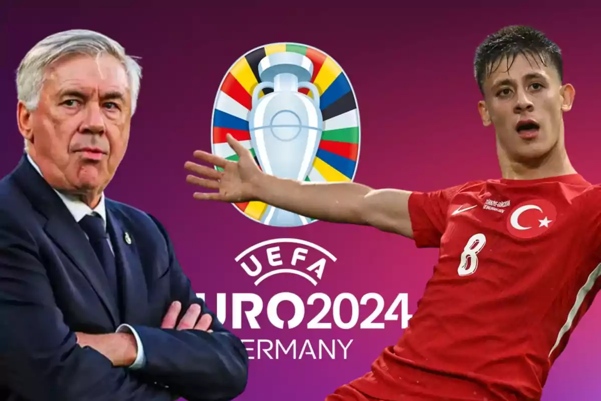 Dos personas con el logo de la UEFA Euro 2024 en el fondo.