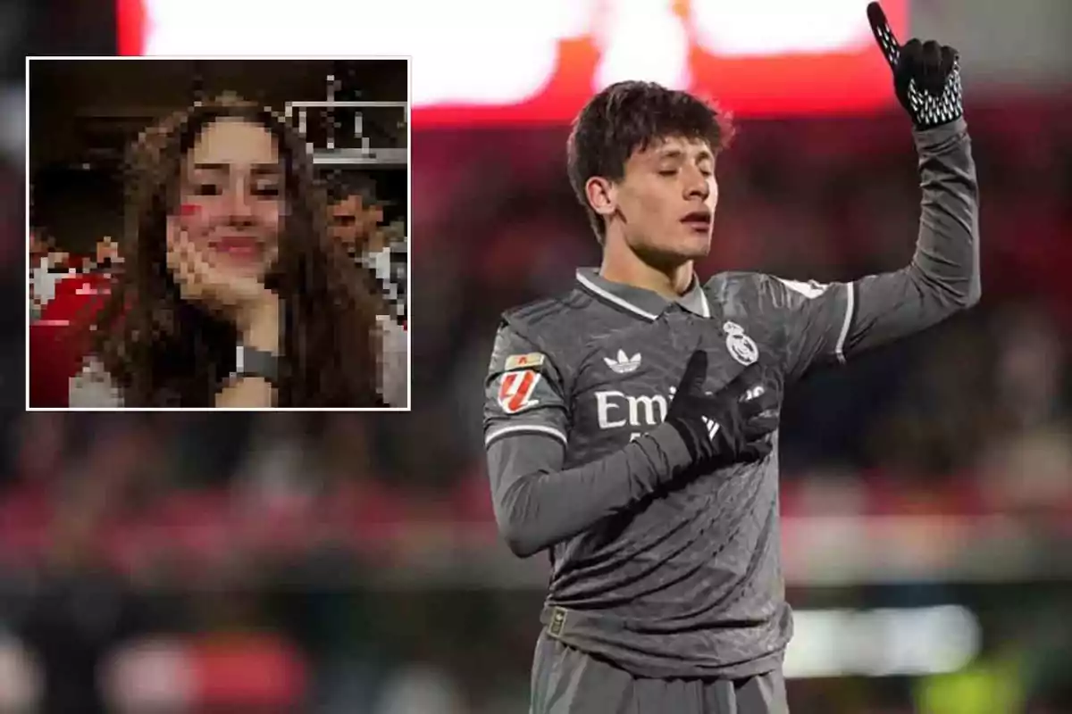 Un jugador de fútbol con uniforme gris del Real Madrid celebra en el campo, mientras en un recuadro se ve a una persona pixelada sonriendo.