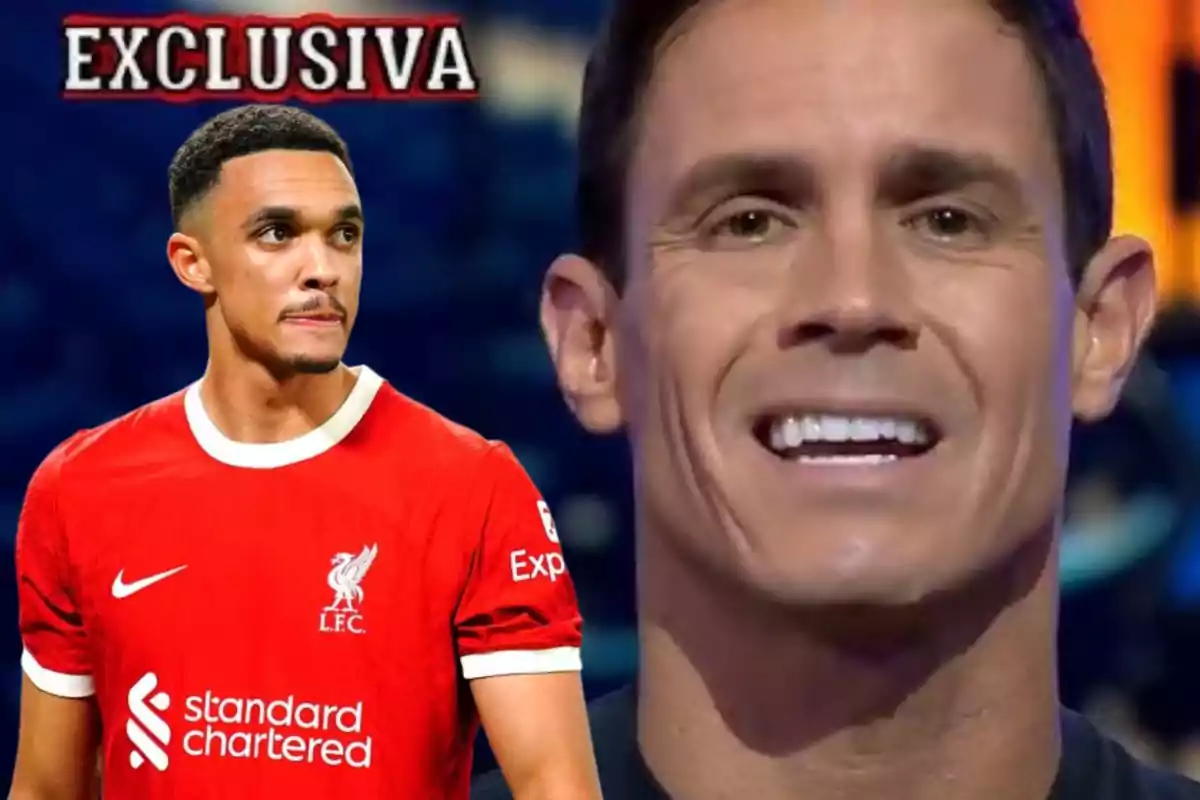 Un jugador de fútbol con la camiseta del Liverpool aparece junto a un hombre sonriente en un montaje con la palabra "EXCLUSIVA" en la parte superior.