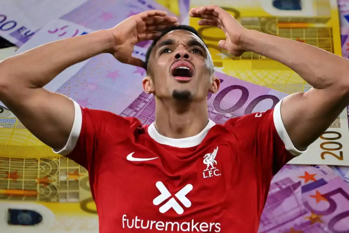 Un jugador de fútbol con uniforme rojo se lleva las manos a la cabeza con expresión de sorpresa o frustración, mientras de fondo se ven billetes de euro.